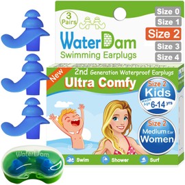 WaterDam Swimming Ear Plugs Great Waterproof Ultra Comfy Earplugs Prevent Swimmer's Ear (Size 2+2+2: Kids Teens Medium Ear Women Small Ear Men (3 Pairs Blue))