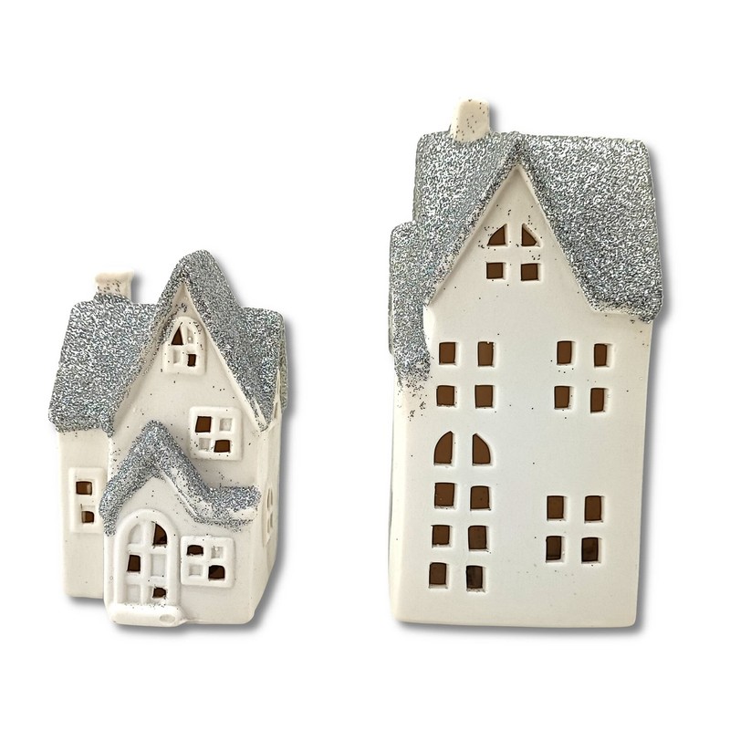 DARO DEKO Ceramic LED House Light House Silver Glitter Set