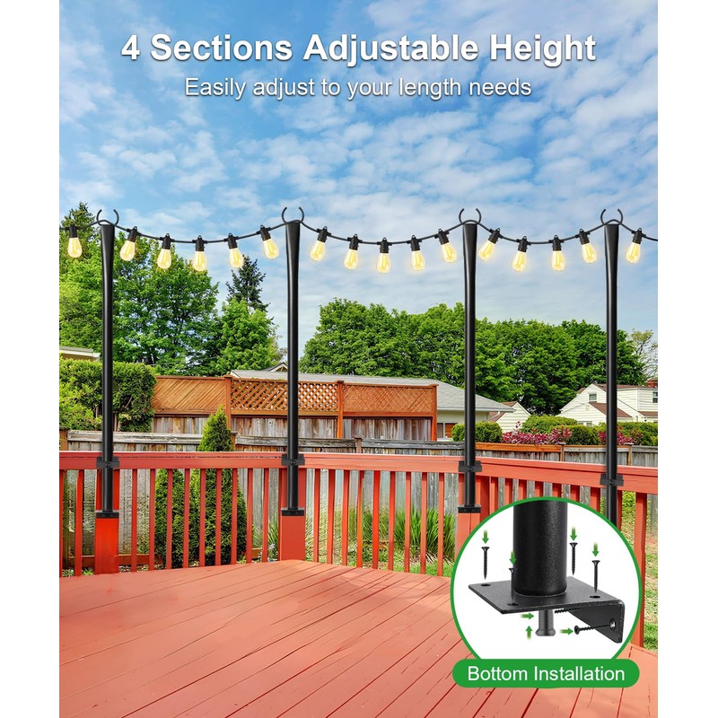 2 Pack String Light Poles for Deck, 5Ft Heavy-Duty Metal