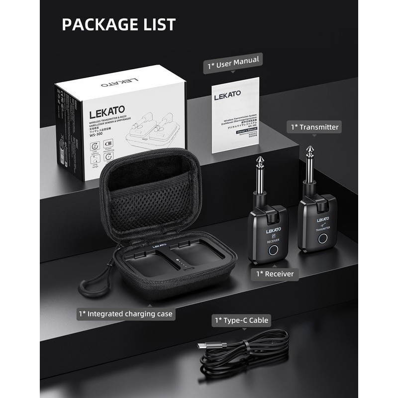 LEKATO 2.4 GHz Wireless Guitar System with Magnetic Charging Case