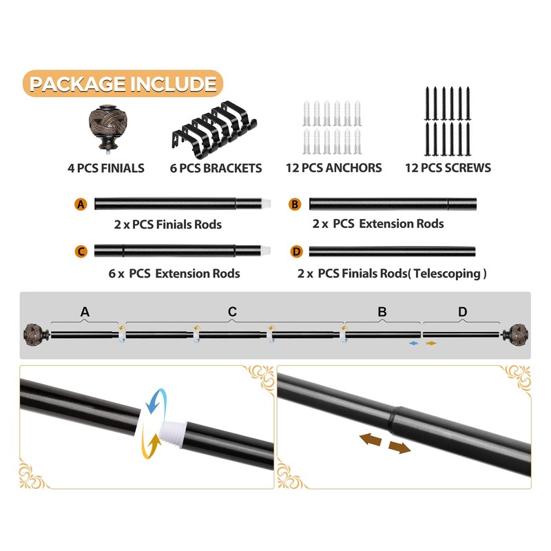 2 Pack Curtain Rods for Windows 48 to 84 Inches,