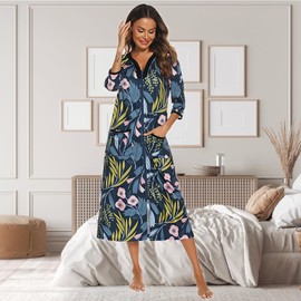 Verve Jelly Women's Zipper Robes Half Sleeve Nightgown Full Length Housecoat Long Sleepwear Loose Loungewear with Pockets Navy Blue XXL