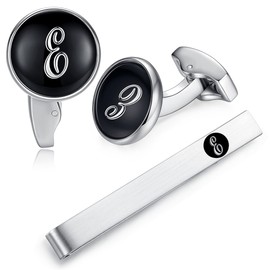 (E) - HONEY BEAR Initial Alphabet Letter Cufflinks Tie Clip Set for Mens - Black Round Stainless Steel, for Business Wedding Gift A - Z