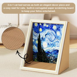 Art 3D Oil Painting Cat Nest for Artist Kitten Art Frame Cat Bed with Scratching Board Cat Scratch Pad for All Seasons Indoor Cat Toy House (Starry Night, Vintage Frame)