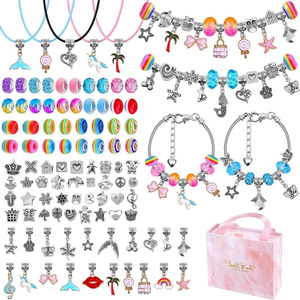 Caffox 102 Pcs Charms Bracelet Making Kit, Necklace kit for Jewellery Making, DIY Girls Jewellery with Flat Beads, Arts and Crafts Sets as Bracelets for Girls and Christmas
