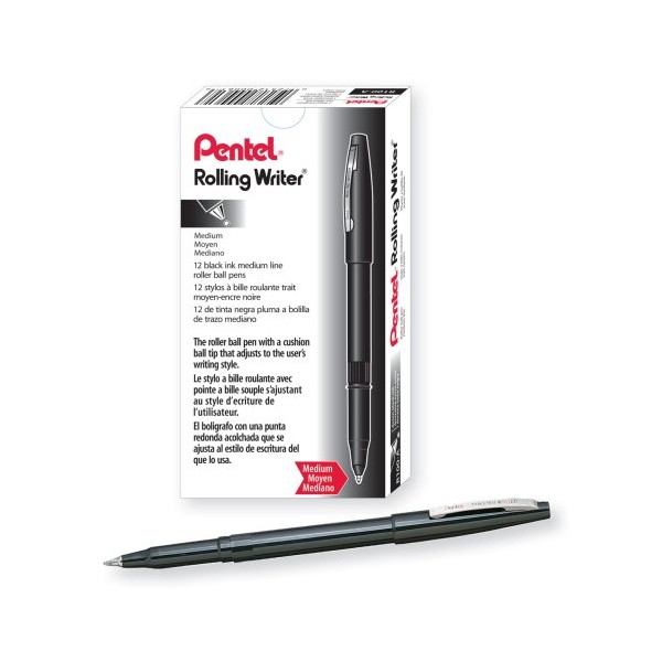Pentel Rolling Writer Pen, 0.8 Millimeter Cushion Ball Tip, Black Ink,  12 pens (R100-A)