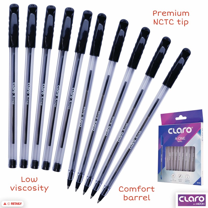 CLARO A-one Ballpoint Pens, BLACK, Medium Point (1.0mm), Pack of