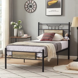 VECELO Twin Size Bed Frame with Wood Headboard, Metal Platform Bed Frame with Footboard, Strong Metal Slats and Anti-Slip Support, No Box Spring Needed, Easy Assembly, Light Slate Grey