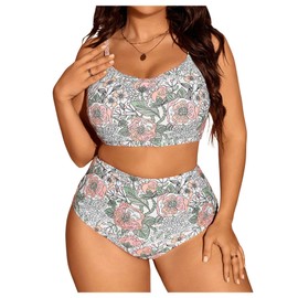 SOLY HUX Plus Size Swimsuit for Women Floral Print High Waisted Bikini Set Two Piece Bathing Suit Multicoloured Floral XX-Large Plus