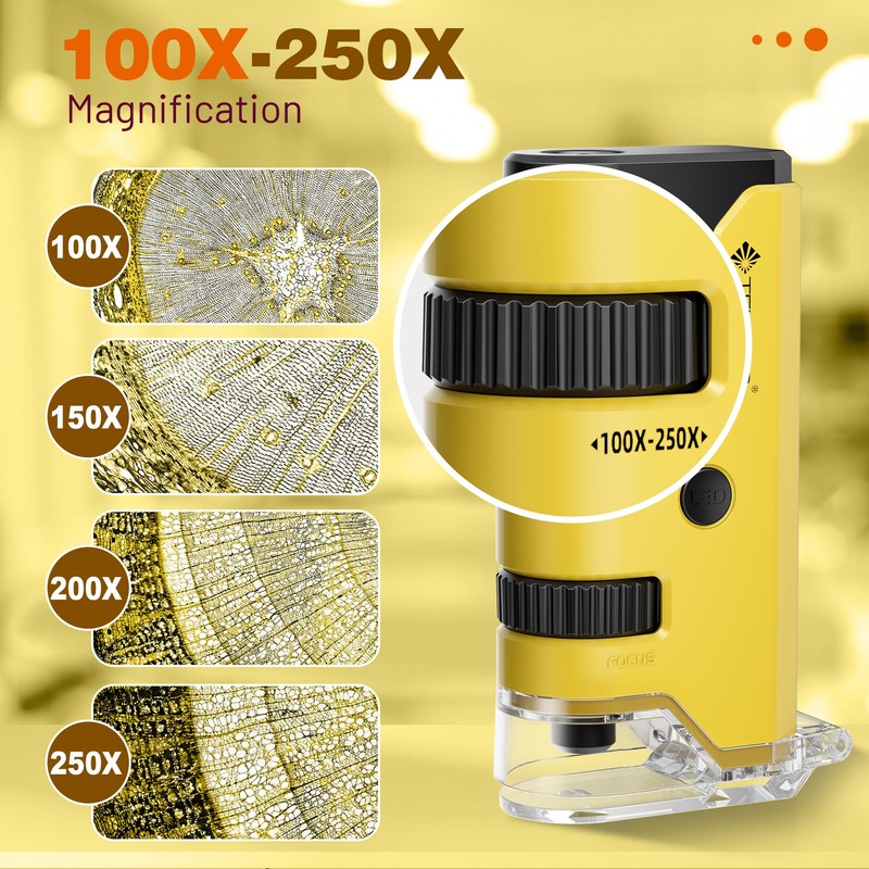 100x-250x Pocket Microscope for Kids Adults, Protable Handheld Miniscope, Mini