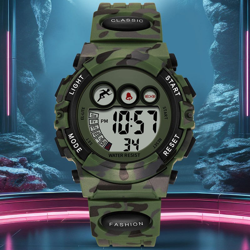Camouflage Green Kids Watch 7 Colors LED 50M Waterproof Digital