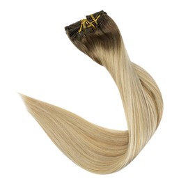 Full Shine Clip in Hair Extensions Blonde Human Hair 14 Inch Clip in Extensions Balayage for Women 7 Pieces 100 Gram Color 6 Fading to 27 Honey Blonde and 60 Platinum Blonde Clip ins