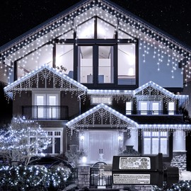 oopswow Icicle Lights Outdoor Decorations 300 LED 33ft 8 Modes Curtain Fairy String Light with 50 Drops, LED String Light Indoor for Wedding Party Holiday Christmas Decorations,White