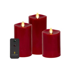 Luminara Realistic Artificial Moving Flame Pillar Candles - Set of 3 - Melted Top Edge, LED Battery Operated Lights - Unscented - Remote Included- 3" x 4.5", 3" x 5.5", 3" x 6.5" (Burgundy)