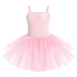 IWEMEK - Abito da Balletto per Bambina con Tutu, senza Maniche e con Paillettes, Body da Balletto, Vestito da Danza, per Ginnastica, Rosa, 3-4 Anni