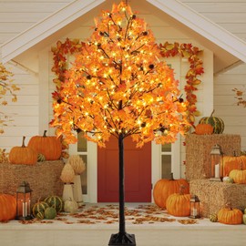 Tujoe 1 Pack 2025 Upgrade 8ft Lighted Maple Trees 8 Modes with Timer 264 LED Artificial Fall Trees with Lights for Indoor Outdoor Home Autumn Thanksgiving Decoration, Assembly Required