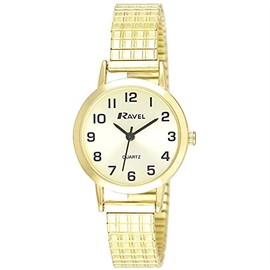 Ravel - Women's Traditional Watch with Clear Numeral Dial on Expander Bracelet - Gold Tone/Champagne Dial