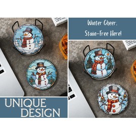 Snowman Gifts for Women Men, Snowman Coaster, Home Decor for Birthday Christmas Thanksgiving, Set of 6, Ceramic, Absorbent with Cork Base