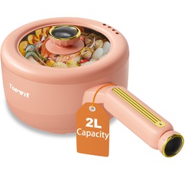 TOPWIT Hot Pot Electric, 𝟐𝐋 Electric Pot, Portable Non-Stick Portable Cooker, Sauté Pan for Steak, Egg, Fried Rice, Ramen, Soup with Dual Power Control (Silicone Spatula Included), Peach