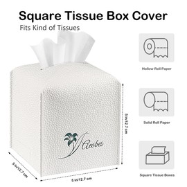 Aeobes Tissue Box Cover Square PU Leather Tissue Holder for Bathroom, Cube Décorative Tissue Organizer, Tissue Paper Dispenser for Car, Kitchen, Bedroom, Office, Tabletop (1, White, 5x5x5'')