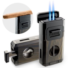 Woodronic Cigar Lighter with V-Cut Cigar Cutter and Cigar Holder, Refillable Dual Jet Lighter Without Butane, Lightweight and Windproof, Cigar Gift for Men, Black