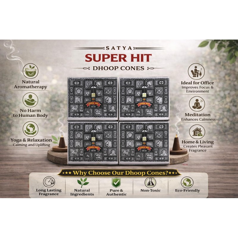 Satya Superhit Dhoop Cones with Stand, 4 Packs x 12