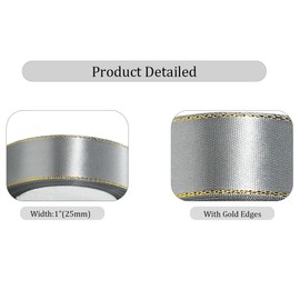 Silver Satin Ribbons 1 Inch x 25 Yards, Grey Fabric Ribbon with Gold Edges Border for Gift Wrapping, DIY Crafts, Floral Bouquets, Hair Bows, Sewing Projects, Baby Shower and Wedding Party Decorations