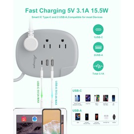 Alitayee USB C Portable Travel Power Strip with 3 Outlets 3 USB Ports Fast Charge, USB Extendable Outlet Extender with Flat Plug and 3ft Wrapped Around Extension Cord for Cruise Travel Home Office
