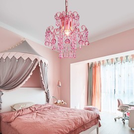 Q&S Mini Crystal Chandelier, Modern Pink Chandelier,Small Hanging Light Fixture for Princess Room Dressing Room Bathroom Clothing Store Salon W11.8 1 Light E26. UL Listed