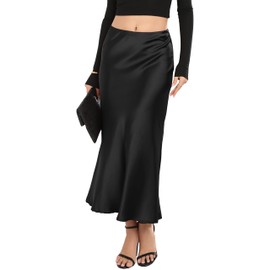Rivome Black Satin Skirt High Waist Elegant Silk Midi Skirts for Women (M, Black)