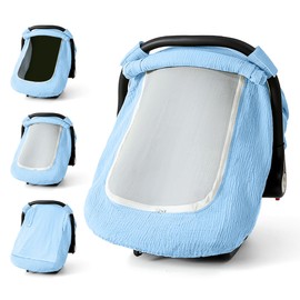 Muslin Cotton Car Seat Cover Baby, Universal Fit Carseat Cover for Baby, Infant Car Seat Cover with Mesh Peep Window, Baby Car Seat Cover for Carrier, Stroller, High Chair, Shopping Cart (Blue)