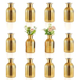 NUPTIO Pequeños jarrones de cristal para flores: juego de 12 jarrones de cristal dorados vintage mini floreros de mesa para boda, Navidad, cumpleaños, fiestas, centros de mesa para el hogar, sala de
