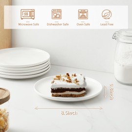 Jassceram 8.5 Inch Small Dinner Plates Set of 6, Ceramic Plates for Salad, Snack, Dessert and Appetizer - Microwave, Oven and Dishwasher Safe, Scratch Resistant and Lead-free, White