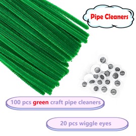 Cldamecy 100 pcs Green Color Craft Pipe Cleaners with 20 pcs Wiggle Eyes,Chenille Stems for Arts & Crafts,Kids DIY Projects and Holiday Decoration
