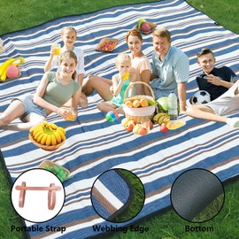 Campsuper 79”x79” Picnic Blanket Extra Large, Waterproof and Foldable Beach Blanket, 3-Layer Outdoor Blanket for 6 to 8 Adults, for Camping, Park, Beach, Grass, Indoors (Mocha and Blue Stripe)
