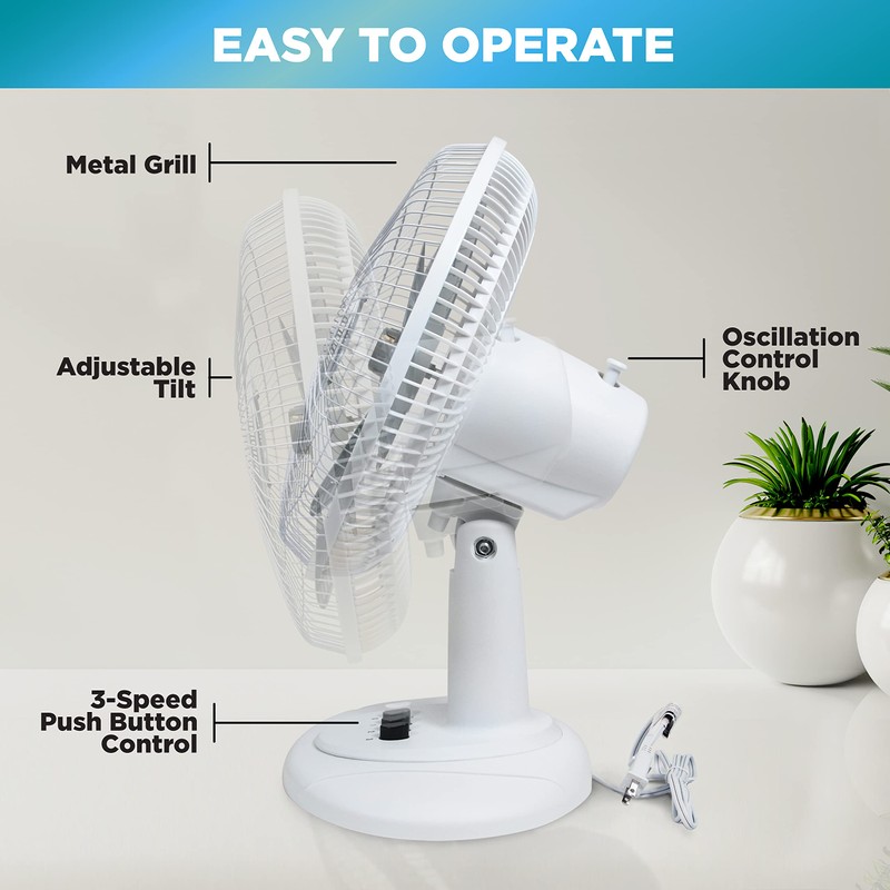Comfort Zone Oscillating Table Fan with Adjustable Tilt, Convenient Push