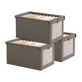 wintfarm 3pcs wardrobe storage organiser with clear window,foldable storage boxes,wardrobe storage organiser with lid,storage cubes for jeans pants shirts leggings sweaters (Grey)