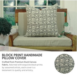 Fabritual Duck Canvas Rectangular Shape 14"x20" Inch Comforable Pillow Cover Hidden Zipper Floral Throw Decorative Handmade Block Print Cushioncase, 8 Kamal, Gray