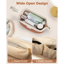 Wedama Makeup Bag Gift for Women, PU Leather Cosmetic Bag Wide Open Make up Organizer Bag, Large Capacity Travel Cosmetic Bag, Makeup Case with Handle for Women Girls, Brown