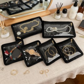 LingLingo Travel Jewelry Organizer Pouch - 6 PCS Velvet Zippered Bag Set with 2 Large 4 Small for Earrings Rings Necklace Bracelet Storage, Gift for Women (Black)