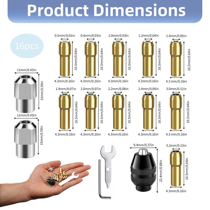 Drill Chuck Collet Set for Dremel, 16PCS Chuck Collet Kit