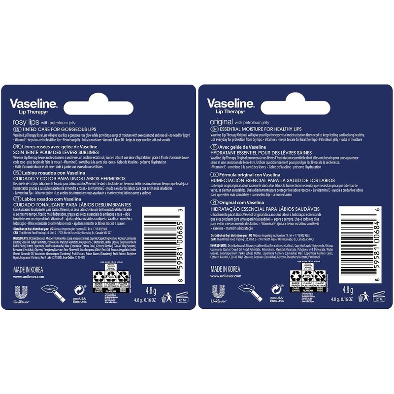 Vaseline- Paquete variado de 4 bálsamos labiales hidratantes Lip Therapy