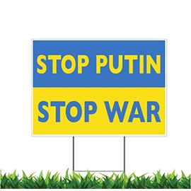 2 SIDED! Stand With Ukraine, Support Ukraine, Stop Putin Stop War, v5 12 x 18-inch Horizontal Yard Sign (Outdoor, Weatherproof Corrugated Plastic) Metal Stake Included