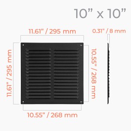 HVAC OV 10 x 10 Inch (Inner) Black Stainless Steel Square Air Vent Cover, Register Vent Deflector, HVAC Louvered Grille with Mesh Screen, Bathroom Home Office Kitchen 12 x 12 Inch (Outer)
