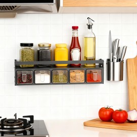 Kitchen Spice Rack, Kitchen Organizer and Storage Rack with 5 Spoons, Spice Organization for Cabinets Punch-free Wall/Countertop Home Decor Multifunctional Double Layer 5 Grid Condiment Rack, Gray