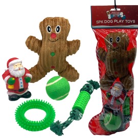 Dog Pack of 5 Interactive Christmas Pet Chew Toy Squeak Honking Dog Toys Santa Ginger Ball & Rope Xmas Puppies Doggy Toys Xmas Gift Pack of 5…