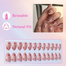 Press on Nails Short Christmas Red,Simple Christmas French Tips False Nails Glue on Nails, Oval Square Acrylic Full Cover Autumn Winter Stick on Nails for Women Girls Manicure Decoration,Red-heart