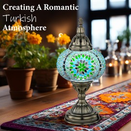 Marrakech Moroccan Mosaic Lamp Turkish Table Lamp, Handmade Turkish Light with Glass Shard and Bronze Base Including LED Bulb for Living Room Bedroom Decor (Green)