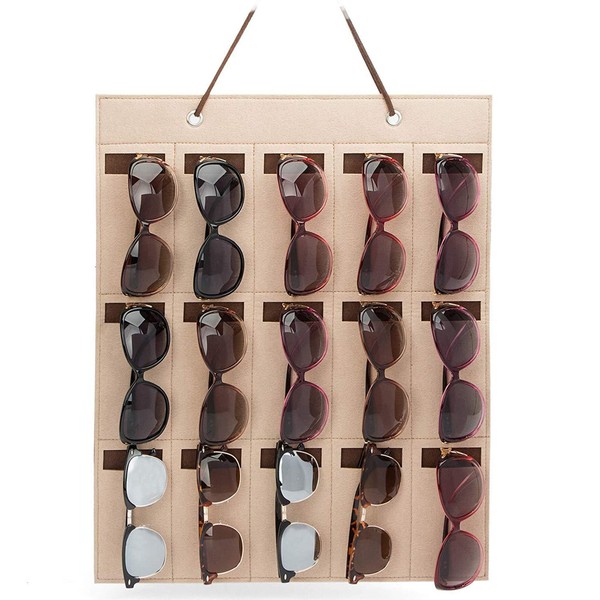 Hifot Sunglasses Storage Organizer Hanging Glasses Wall Pocket Mounted Glasses Display Holder 15 Felt Slots, brown