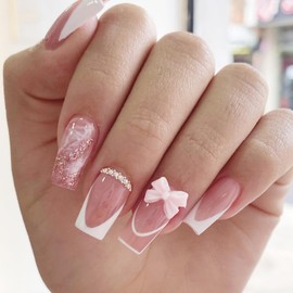 24Pcs French Tip Press on Nails Medium Coffin Fake Nails with 3D Bow Charms Acrylic Nails Luxury Rhinestones Artificial Glue on Nails Marble Texture Stick on Nails Gradient Pink False Nails for Women